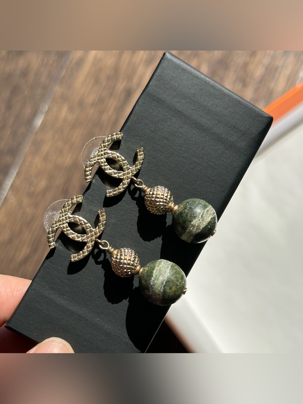 Chanel CC Green Marble Gold Tone Earrings